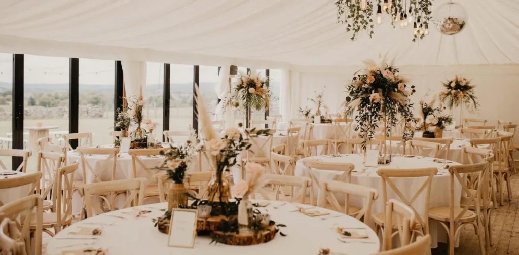 Private catering at venues in Lancashire — The Marquee at Hurstwood set up for a wedding reception