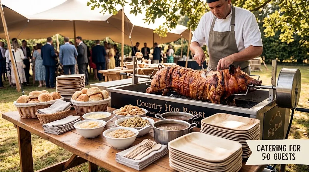 Country Hog Roast chef carving a pig roast for a 50-person outdoor event catering setup